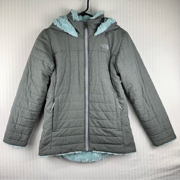 The North Face Gray Quilted Winter Jacket Light Blue Fleece Lined Girls Large - Picture 1 of 8